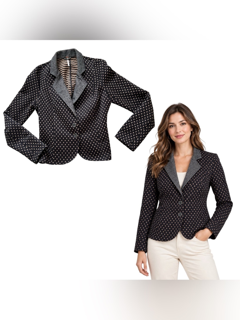 Free People Blazer Jacket Womens Medium Polka Dot Striped Lined Dressy Workwear